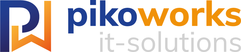 Logo von pikoworks it-solutions mit stilisiertem PW-Symbol in Blau-Orange.
